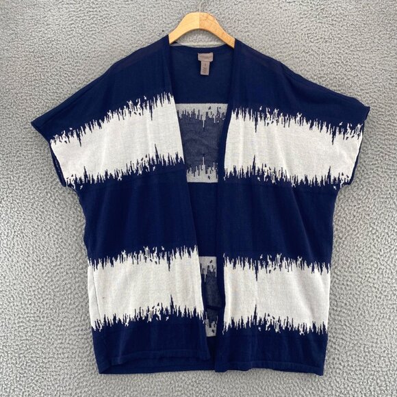 Chicos Sweater Womens 1 US Medium Easywear Navy Striped Cardigan Short Sleeves - Picture 1 of 10